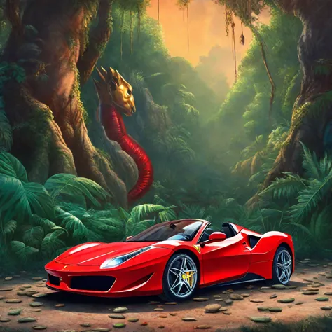 Ferrari car, red, coin bitcoin, masterpiece, Best quality, in the jungle, money, richly, Nice picture, extremely detailed
