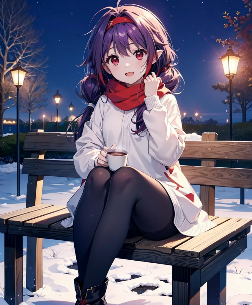 yuukikonno, Konno Yuuki, Long Hair, Pointed Ears, Purple Hair, (Red eyes:1.5), (Small breasts:1.2), Open your mouth,happy smile, smile, Open your mouth,hair band,low twin tail,Red Scarf,Oversized purple hoodie,Long skirt,Black pantyhose,short boots,Holding a paper cup of coffee in both hands,Sitting on a bench,snowが降っている,snowが降り積もっている,snow,snow,snow,snow,snowが積もった木,winter,Cold Sky,night,whole bodyがイラストに入るように,
break looking at viewer,  whole body,
break outdoors, garden,
break (masterpiece:1.2), Highest quality, High resolution, unity 8k wallpaper, (figure:0.8), (Beautiful attention to detail:1.6), Highly detailed face, Perfect lighting, Highly detailed CG, (Perfect hands, Perfect Anatomy),