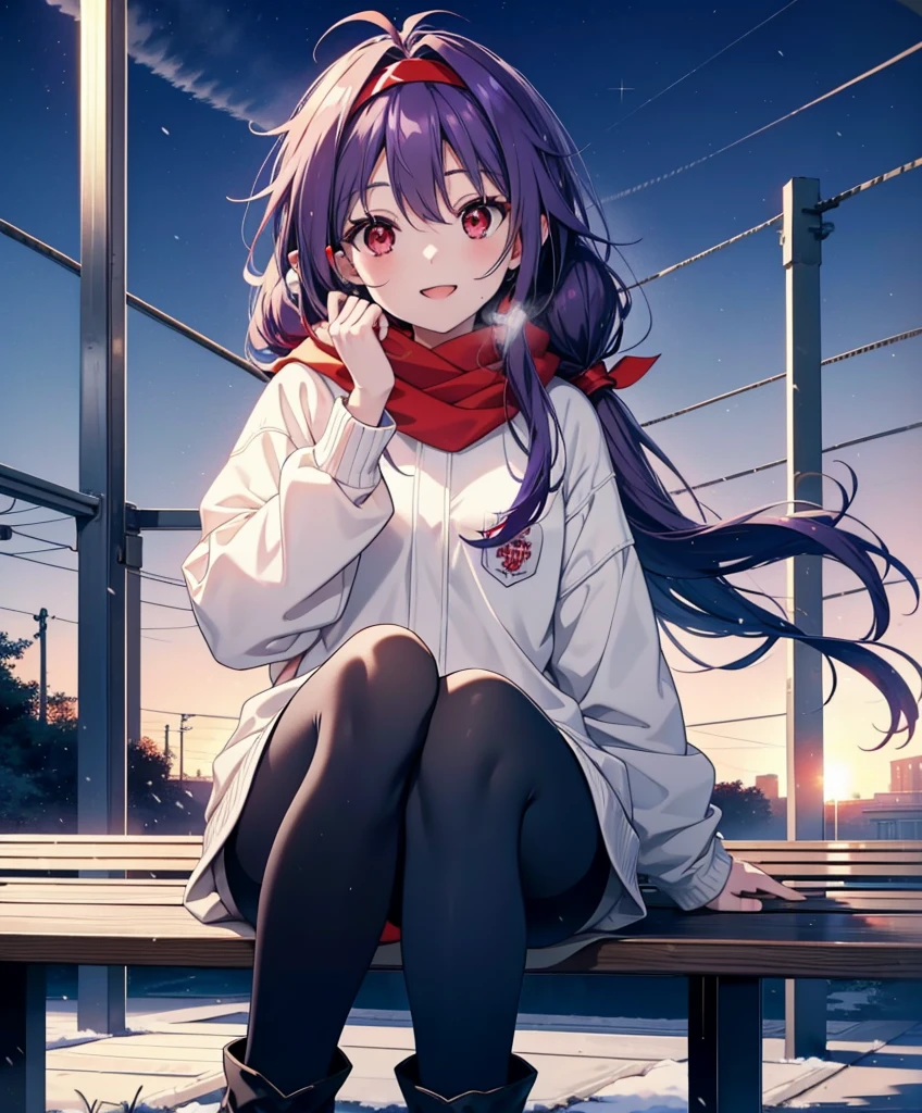 yuukikonno, Konno Yuuki, pelo largo, orejas puntiagudas, cabello purpura, (ojos rojos:1.5), (senos pequeños:1.2), abre la boca,happy sonrisa, sonrisa, abre la boca,banda para el cabello,cola gemela baja,bufanda roja,Sudadera con capucha violeta oversize,Falda larga,pantimedias negras,botas cortas,Sosteniendo una taza de café de papel con ambas manos.,sentado en un banco,nieveが降っている,nieveが降り積もっている,nieve,nieve,nieve,nieve,nieveが積もった木,invierno,cielo frio,Noche,todo el cuerpoがイラストに入るように,
descanso mirando al espectador,  todo el cuerpo,
descansar al aire libre, jardín,
break (obra maestra:1.2), de la máxima calidad, Alta resolución, fondo de pantalla de unidad 8k, (cifra:0.8), (Hermosa atención al detalle:1.6), Cara muy detallada, Iluminación perfecta, CG muy detallado, (manos perfectas, anatomía perfecta),