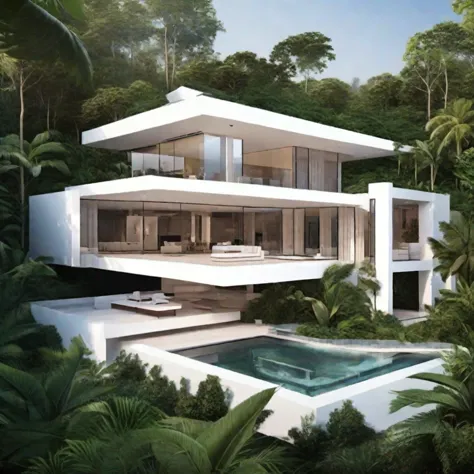 masterpiece, Best quality, house for the rich, Modern, in the jungle, luxury, white mansion, expensive