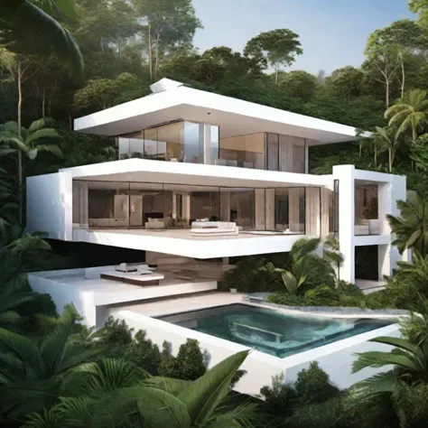 masterpiece, best quality, house for the rich, modern, in the jungle, luxury, white mansion, expensive