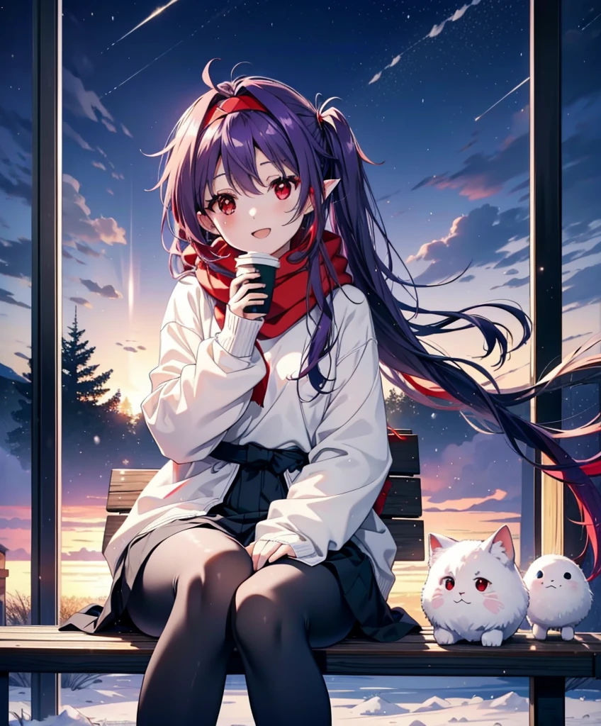 yuukikonno, Konno Yuuki, Long Hair, Pointed Ears, Purple Hair, (Red eyes:1.5), (Small breasts:1.2), Open your mouth,happy smile, smile, Open your mouth,hair band,low twin tail,Red Scarf,Oversized purple hoodie,Long skirt,Black pantyhose,short boots,Holding a paper cup of coffee in both hands,Sitting on a bench,snowが降っている,snowが降り積もっている,snow,snow,snow,snow,snowが積もった木,winter,Cold Sky,night,whole bodyがイラストに入るように,
break looking at viewer,  whole body,
break outdoors, garden,
break (masterpiece:1.2), Highest quality, High resolution, unity 8k wallpaper, (figure:0.8), (Beautiful attention to detail:1.6), Highly detailed face, Perfect lighting, Highly detailed CG, (Perfect hands, Perfect Anatomy),