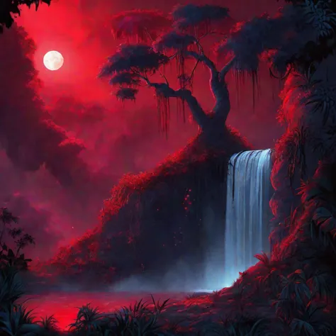 night, masterpiece, best quality, extremely detailed, jungle, waterfall, darkness, red backlight, moon, creepers, nature