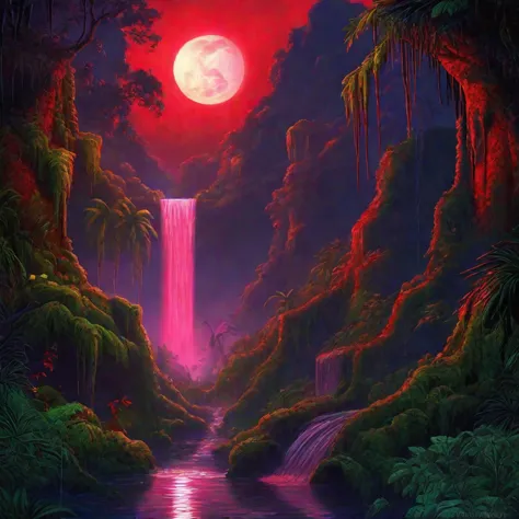 night, masterpiece, best quality, extremely detailed, jungle, waterfall, darkness, red backlight, moon, creepers, nature