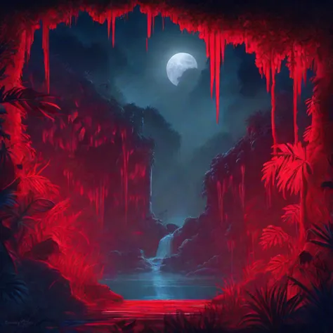 night, masterpiece, Best quality, extremely detailed, jungle, waterfall, darkness, red backlight, moon, Creepers, nature