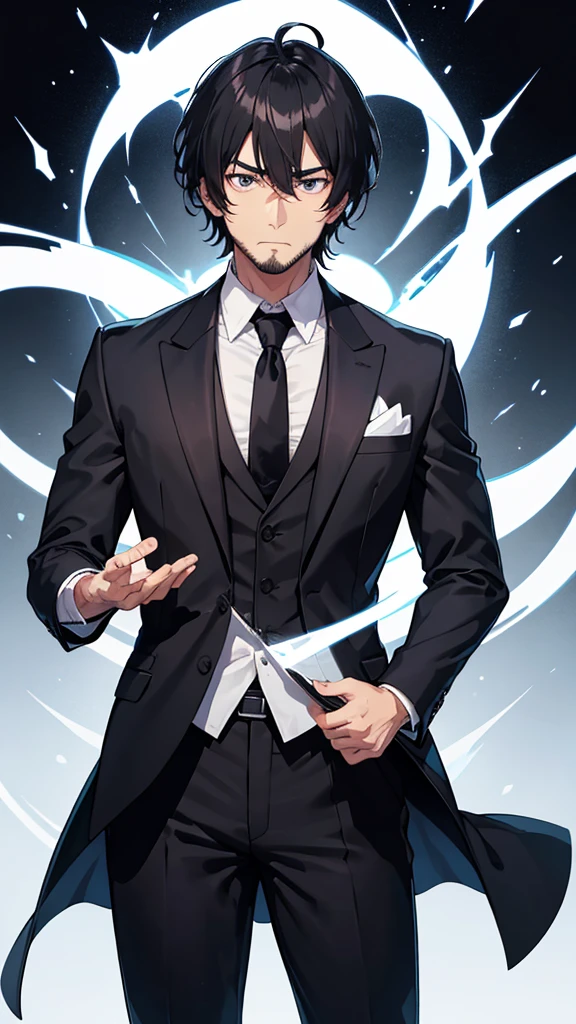 male、32 years old、less beard、Tired face、Glaring eyes、Long bangs parted、Shot from the thigh up、Are standing、looking at the camera、Black suit、Plain white background、Single、Japanese salaryman、Simple poses