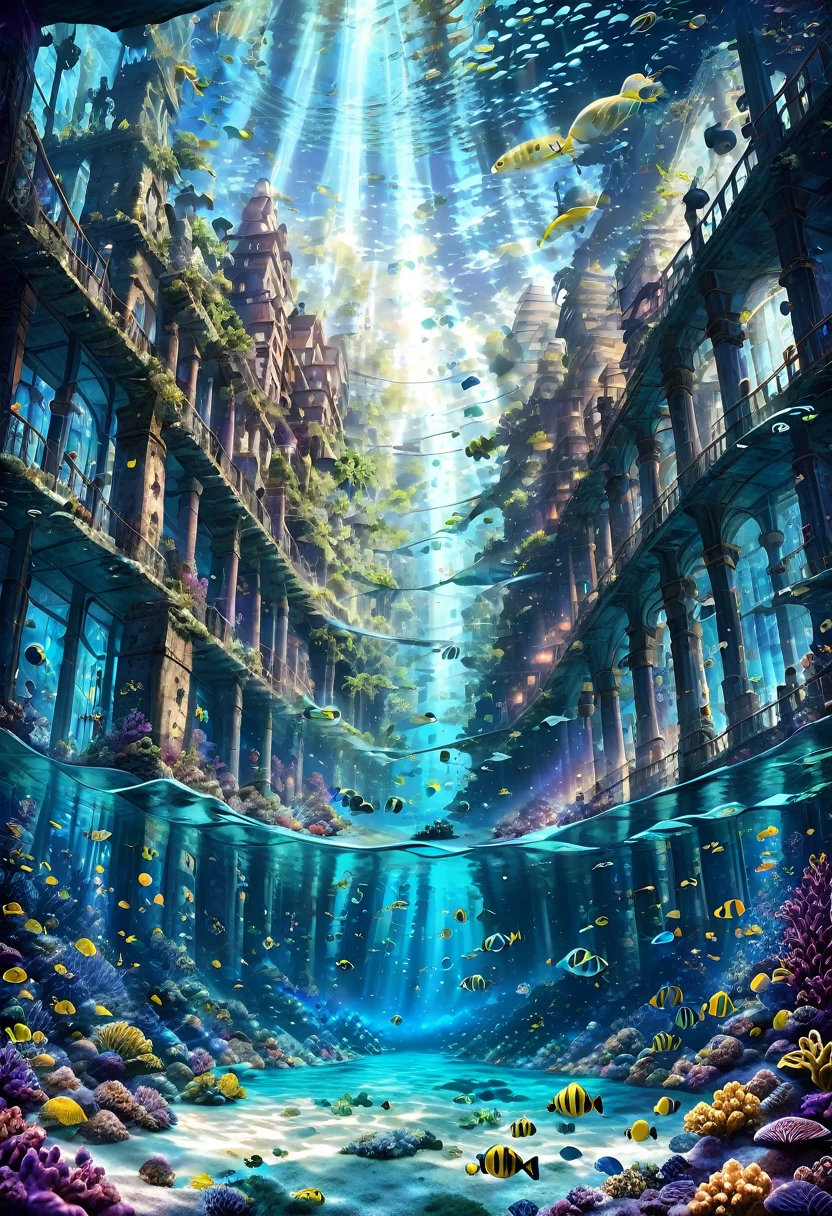 تحفة, أعلى جودة, مفصلة للغاية, خلفية عالية الوضوح, 8 ك, مرحبا بك, جودة عالية. An underwater city with آثار قديمة and modern architecture intertwined, الوفرة, الشعاب المرجانية الملونة المحيطة بالمدينة, schools of vibrant fish swimming through the مبنىs, هادئ, جو هادئ مع أجواء ناعمة, إضاءة خيالية تتسرب عبر الماء, ضوء الشمس الساطع يتدفق من السطح, إنشاء أنماط لامعة, الإضاءة اللطيفة من الكائنات الحية المضيئة. لقطة بزاوية واسعة لالتقاط مساحة المدينة تحت الماء, زاوية مائلة قليلاً لإعطاء إحساس بالعمق والانغماس, عدسة مضيئة, أنماط كسرية, رابط التوهج, تأثيرات لومينوغرام, التعرض المتعدد, كريستيان لاسن, سفينة الاشباح, حطام سفينة, آثار قديمة, مبنى. المياه واضحة وضوح الشمس, تعزيز الشفافية, وحالم, تطريز بلوري جليدي. الشعور بالاضمحلال والتخلي, مع الطحالب المتضخمة والهياكل المتفتتة.((مخلوقات البحر,الكائنات البحرية, الوفرة vegetation:,مدينة جميلة))