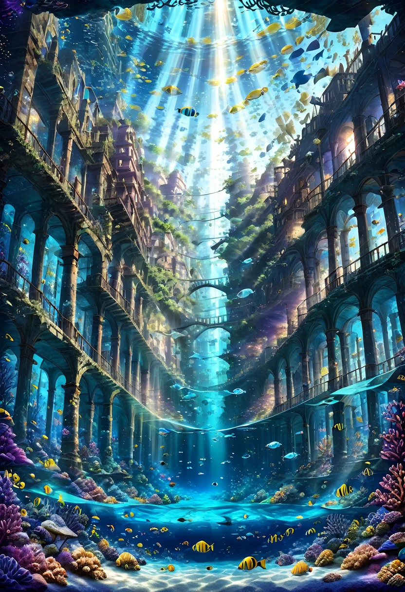 masterpiece, highest quality, ultra-detailed, high-definition background, 8K, hi-res, high quality. An underwater city with ancient ruins and modern architecture intertwined, lush, colorful coral reefs surrounding the city, schools of vibrant fish swimming through the buildings, a serene, tranquil atmosphere with soft, ethereal lighting filtering through the water, bright sunlight streaming from the surface, creating shimmering patterns, gentle illumination from bioluminescent organisms. Wide-angle shot to capture the expanse of the underwater city, slightly tilted angle to give a sense of depth and immersion, lens flare, fractal patterns, link flare, luminogram effects, multiple exposure, Christian Lassen, ghost ship, shipwreck, ancient ruins, building. Crystal clear water, enhanced transparency, and a dreamy, ethereal glow. A sense of decay and abandonment, with overgrown algae and crumbling structures.((sea ​​creatures,Marine creatures, lush vegetation:,A beautiful city))