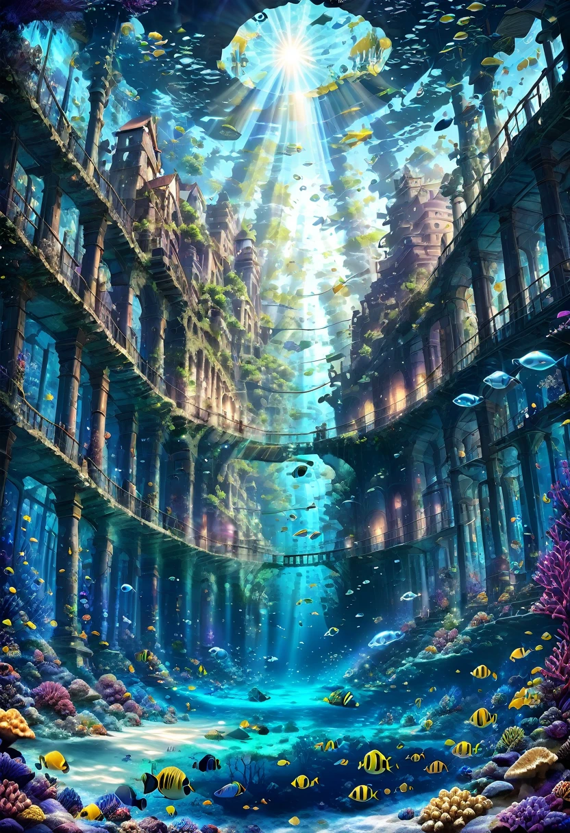 masterpiece, highest quality, ultra-detailed, high-definition background, 8K, hi-res, high quality. An underwater city with ancient ruins and modern architecture intertwined, lush, colorful coral reefs surrounding the city, schools of vibrant fish swimming through the buildings, a serene, tranquil atmosphere with soft, ethereal lighting filtering through the water, bright sunlight streaming from the surface, creating shimmering patterns, gentle illumination from bioluminescent organisms. Wide-angle shot to capture the expanse of the underwater city, slightly tilted angle to give a sense of depth and immersion, lens flare, fractal patterns, link flare, luminogram effects, multiple exposure, Christian Lassen, ghost ship, shipwreck, ancient ruins, building. Crystal clear water, enhanced transparency, and a dreamy, ethereal glow. A sense of decay and abandonment, with overgrown algae and crumbling structures.((sea ​​creatures,Marine creatures, lush vegetation:,A beautiful city))