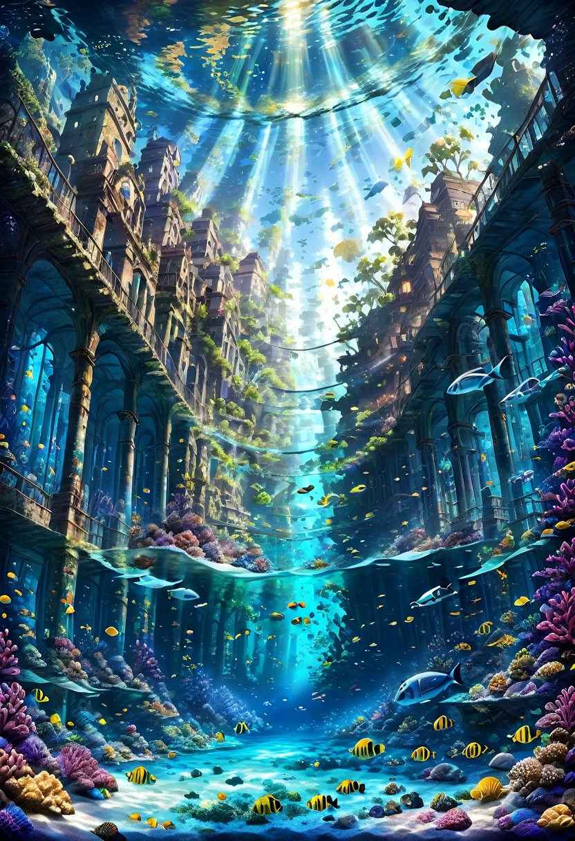 تحفة, أعلى جودة, مفصلة للغاية, خلفية عالية الوضوح, 8 ك, مرحبا بك, جودة عالية. An underwater city with آثار قديمة and modern architecture intertwined, الوفرة, الشعاب المرجانية الملونة المحيطة بالمدينة, schools of vibrant fish swimming through the مبنىs, هادئ, جو هادئ مع أجواء ناعمة, إضاءة خيالية تتسرب عبر الماء, ضوء الشمس الساطع يتدفق من السطح, إنشاء أنماط لامعة, الإضاءة اللطيفة من الكائنات الحية المضيئة. لقطة بزاوية واسعة لالتقاط مساحة المدينة تحت الماء, زاوية مائلة قليلاً لإعطاء إحساس بالعمق والانغماس, عدسة مضيئة, أنماط كسرية, رابط التوهج, تأثيرات لومينوغرام, التعرض المتعدد, كريستيان لاسن, سفينة الاشباح, حطام سفينة, آثار قديمة, مبنى. المياه واضحة وضوح الشمس, تعزيز الشفافية, وحالم, تطريز بلوري جليدي. الشعور بالاضمحلال والتخلي, مع الطحالب المتضخمة والهياكل المتفتتة.((مخلوقات البحر,الكائنات البحرية, الوفرة vegetation:,مدينة جميلة))