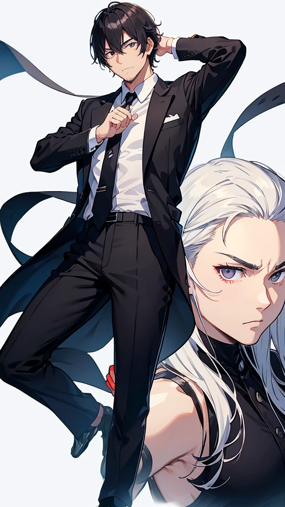 male、32 years old、less beard、Tired face、Glaring eyes、Long bangs parted、Shot from the thigh up、Are standing、looking at the camera、Black suit、Plain white background、Single、Japanese salaryman、Simple poses