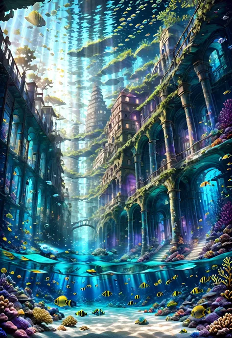 masterpiece, highest quality, ultra-detailed, high-definition background, 8K, hi-res, high quality. An underwater city with anci...