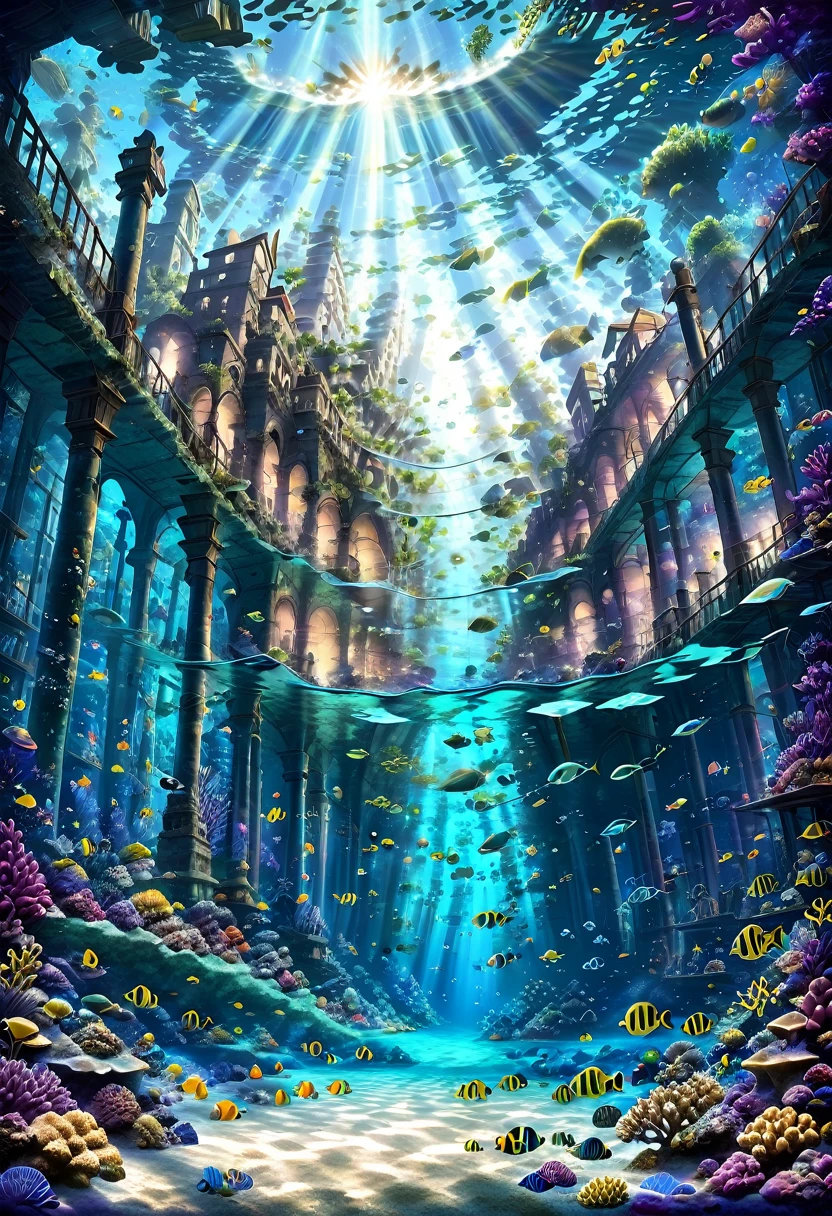 masterpiece, highest quality, ultra-detailed, high-definition background, 8K, hi-res, high quality. An underwater city with ancient ruins and modern architecture intertwined, lush, colorful coral reefs surrounding the city, schools of vibrant fish swimming through the buildings, a serene, tranquil atmosphere with soft, ethereal lighting filtering through the water, bright sunlight streaming from the surface, creating shimmering patterns, gentle illumination from bioluminescent organisms. Wide-angle shot to capture the expanse of the underwater city, slightly tilted angle to give a sense of depth and immersion, lens flare, fractal patterns, link flare, luminogram effects, multiple exposure, Christian Lassen, ghost ship, shipwreck, ancient ruins, building. Crystal clear water, enhanced transparency, and a dreamy, ethereal glow. A sense of decay and abandonment, with overgrown algae and crumbling structures.((sea ​​creatures,Marine creatures, lush vegetation:,A beautiful city))