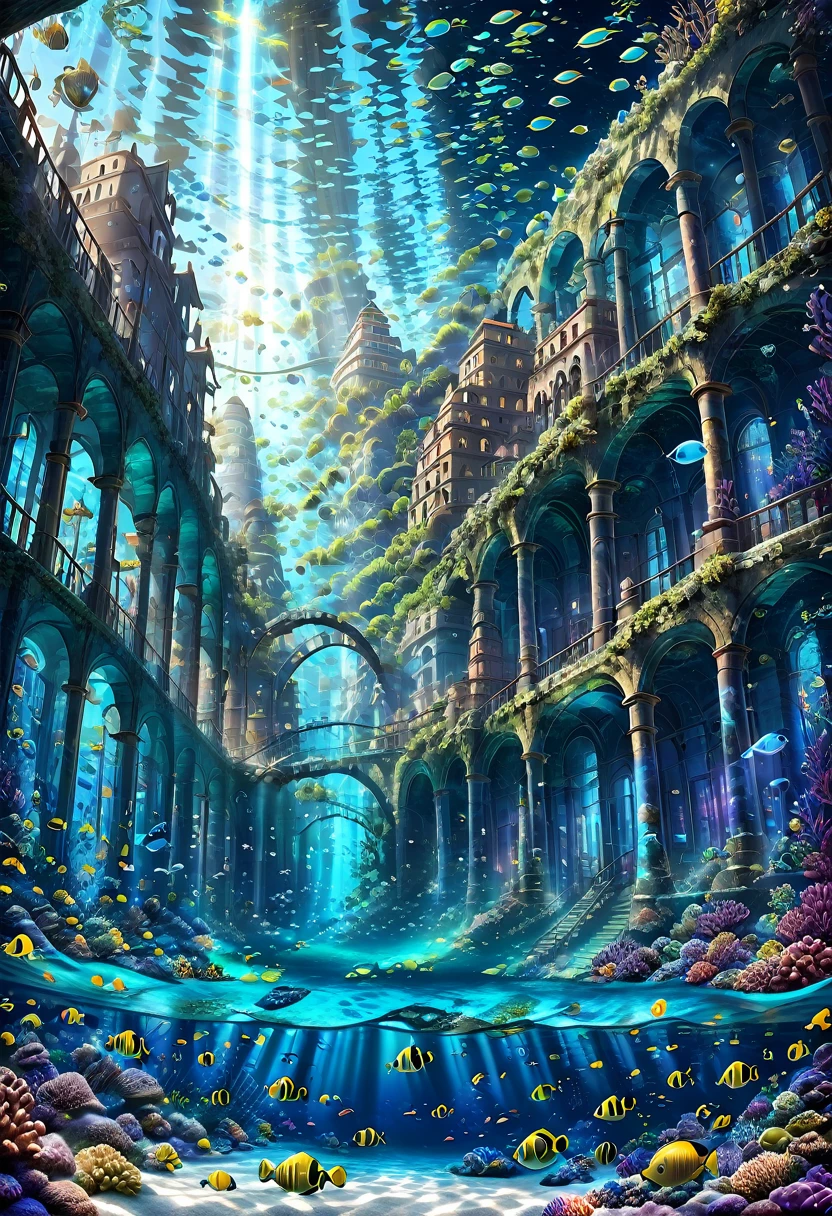 masterpiece, highest quality, ultra-detailed, high-definition background, 8K, hi-res, high quality. An underwater city with ancient ruins and modern architecture intertwined, lush, colorful coral reefs surrounding the city, schools of vibrant fish swimming through the buildings, a serene, tranquil atmosphere with soft, ethereal lighting filtering through the water, bright sunlight streaming from the surface, creating shimmering patterns, gentle illumination from bioluminescent organisms. Wide-angle shot to capture the expanse of the underwater city, slightly tilted angle to give a sense of depth and immersion, lens flare, fractal patterns, link flare, luminogram effects, multiple exposure, Christian Lassen, ghost ship, shipwreck, ancient ruins, building. Crystal clear water, enhanced transparency, and a dreamy, ethereal glow. A sense of decay and abandonment, with overgrown algae and crumbling structures.((sea ​​creatures,Marine creatures, lush vegetation:,A beautiful city))