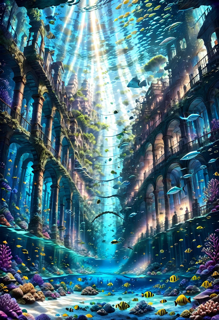 تحفة, أعلى جودة, مفصلة للغاية, خلفية عالية الوضوح, 8 ك, مرحبا بك, جودة عالية. An underwater city with آثار قديمة and modern architecture intertwined, الوفرة, الشعاب المرجانية الملونة المحيطة بالمدينة, schools of vibrant fish swimming through the مبنىs, هادئ, جو هادئ مع أجواء ناعمة, إضاءة خيالية تتسرب عبر الماء, ضوء الشمس الساطع يتدفق من السطح, إنشاء أنماط لامعة, الإضاءة اللطيفة من الكائنات الحية المضيئة. لقطة بزاوية واسعة لالتقاط مساحة المدينة تحت الماء, زاوية مائلة قليلاً لإعطاء إحساس بالعمق والانغماس, عدسة مضيئة, أنماط كسرية, رابط التوهج, تأثيرات لومينوغرام, التعرض المتعدد, كريستيان لاسن, سفينة الاشباح, حطام سفينة, آثار قديمة, مبنى. المياه واضحة وضوح الشمس, تعزيز الشفافية, وحالم, تطريز بلوري جليدي. الشعور بالاضمحلال والتخلي, مع الطحالب المتضخمة والهياكل المتفتتة.((مخلوقات البحر,الكائنات البحرية, الوفرة vegetation:,مدينة جميلة))