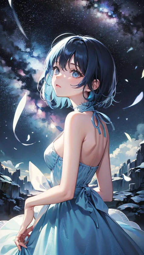 High resolution, One girl, Bob、Light blue hair tips、Looking up、Back view、Black Hair、Night view、milky way、I can&#39;t see your fa...