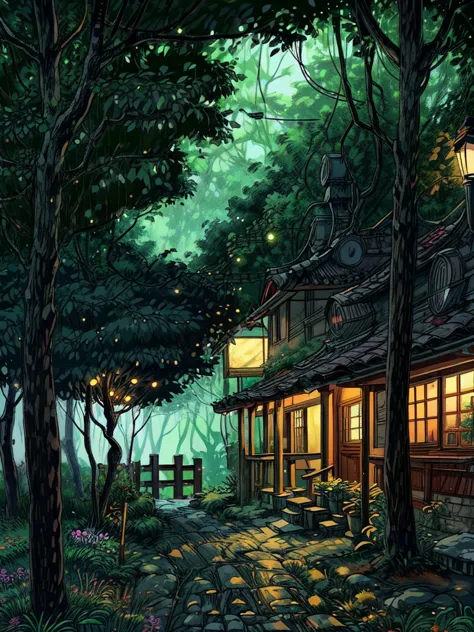 super wide perspective, string lights, hanging pots, ghibli anime scene, coffee shop in the woods, moody weather, leaves falling...