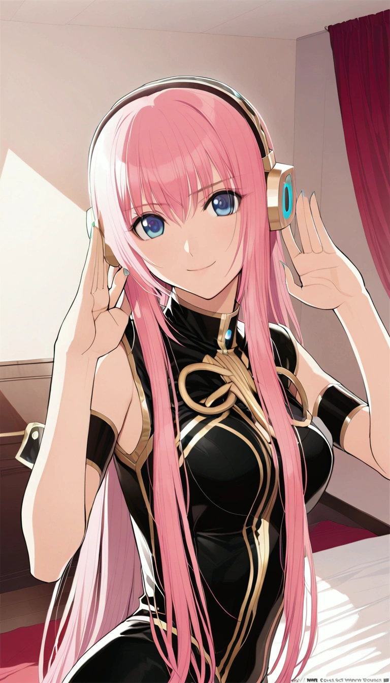 masterpiece,Detailed and beautiful depiction 1.1,Official Art,Beautiful adult woman ,Megurine Luka,Megurine Lukaの公式衣装,headphone,Black and gold costume,Pink long hair,blue eyes,smile,Mr.々A pose,Bedroom