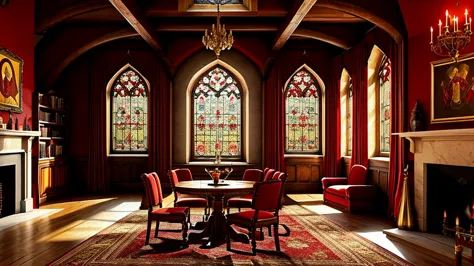 a cozy gryffindor common room, ornate arched windows, red silk curtains, red velvet rug, portrait paintings on walls, grand fire...