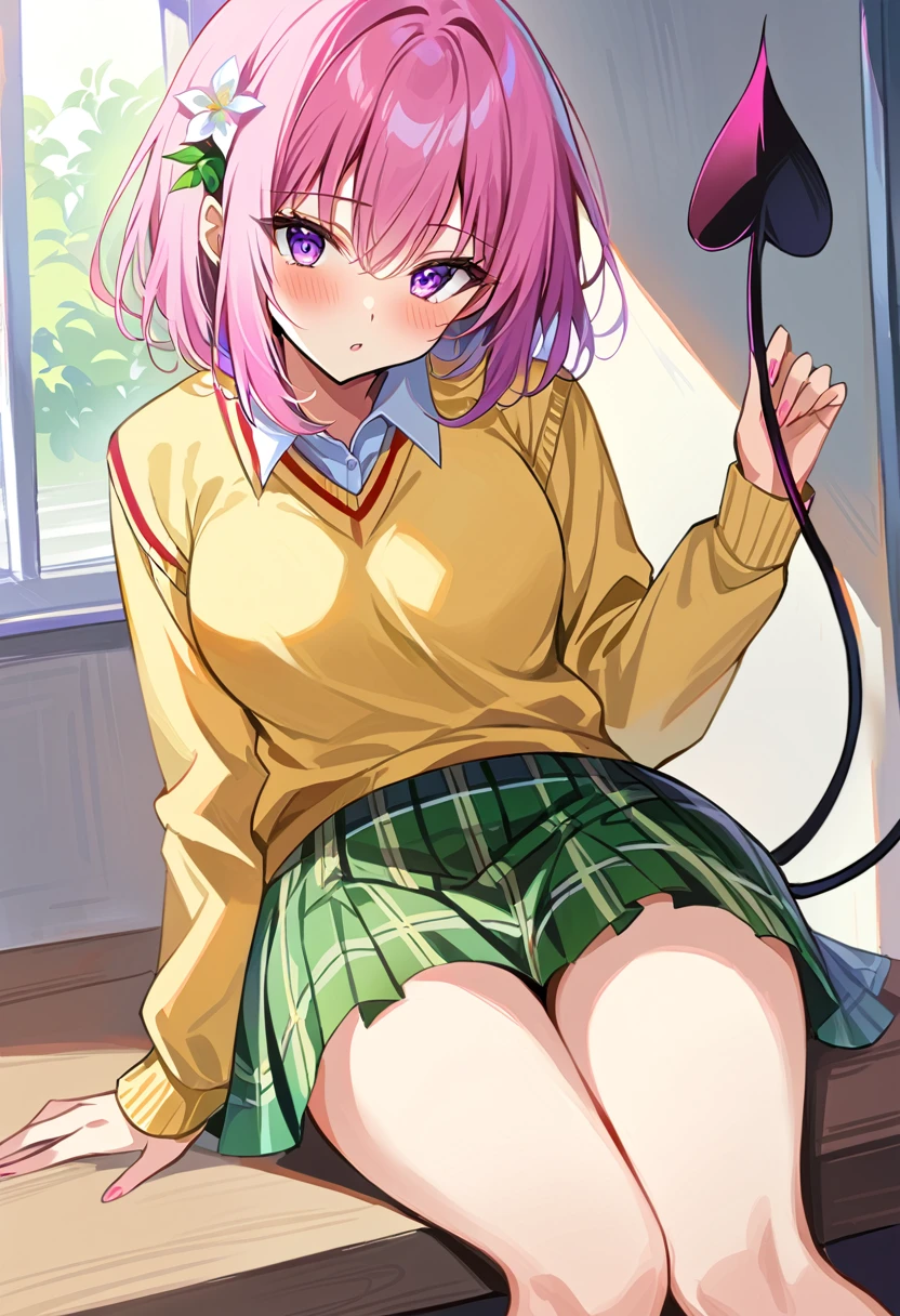 masterpiece, Highest quality, High resolution, One girl,  .Deviluke Type, demon tail, Hair Flower, hair ornaments, (Purple eyes:1.1), Pink Hair, short hair, tail, demon tail, green skirt, Plaid, Plaid skirt, Sainan High , , skirt, Sweater vest, Knee socks, (Yellow Sweater:1.3),