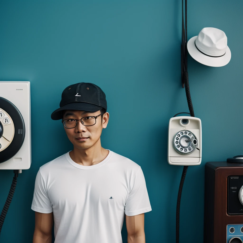 asian man in glasses, white t-shirt and fisherman hat standing next to retro white telephone hanging on blue wall in background, in the style of ultrafine detail, high quality photo