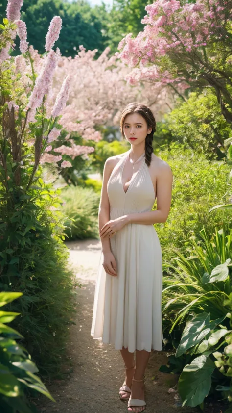 american woman, 35 years old woman, look at viewer, french braid hair , flower halter dress, cleavage,  garden landscape design,...