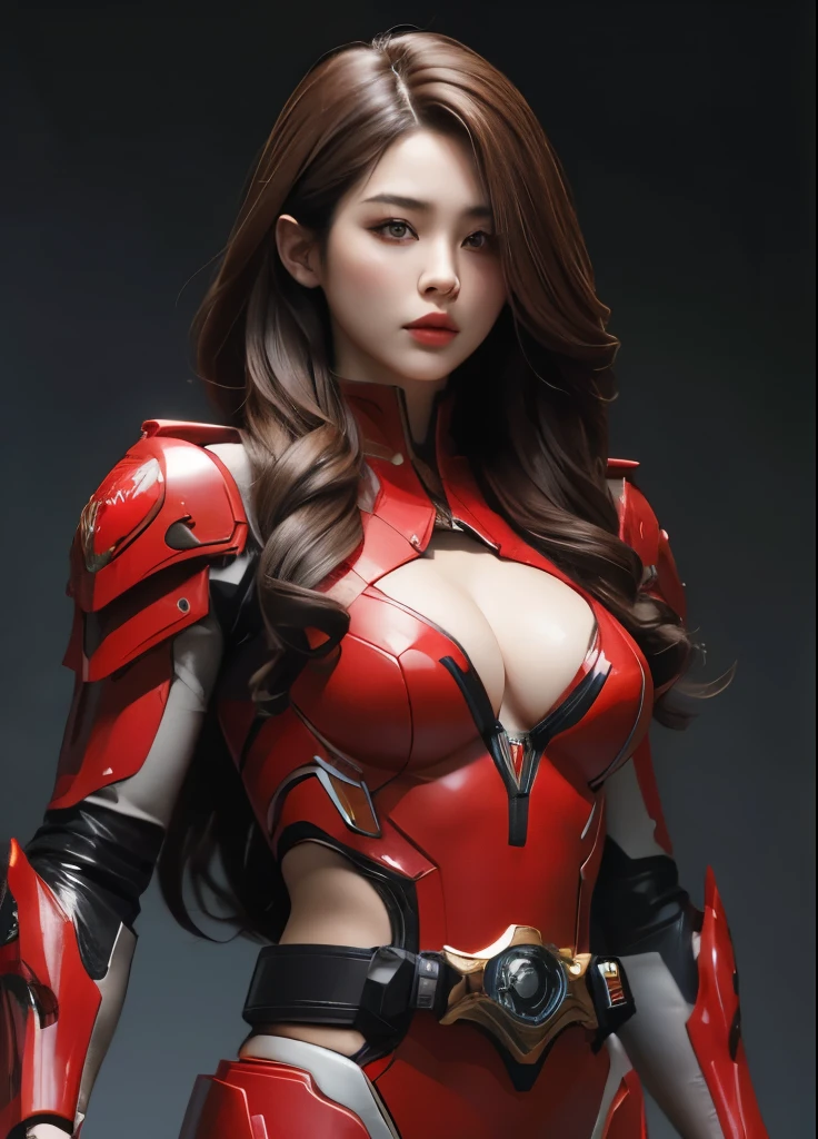 Korean beautiful girl, Brown hair, Long hair, red lips, visible cleavage, Textured skin, Super Detail, high details, High quality, Best Quality, hight resolution, 1080p, hard disk, Gorgeous beauty,(Kamen Rider),(mask off),(Female Riders), red body suit, red battle suits, Transformati on Belt,Battle Mode,Metal, red Transform into Kamen Rider, cyborgs