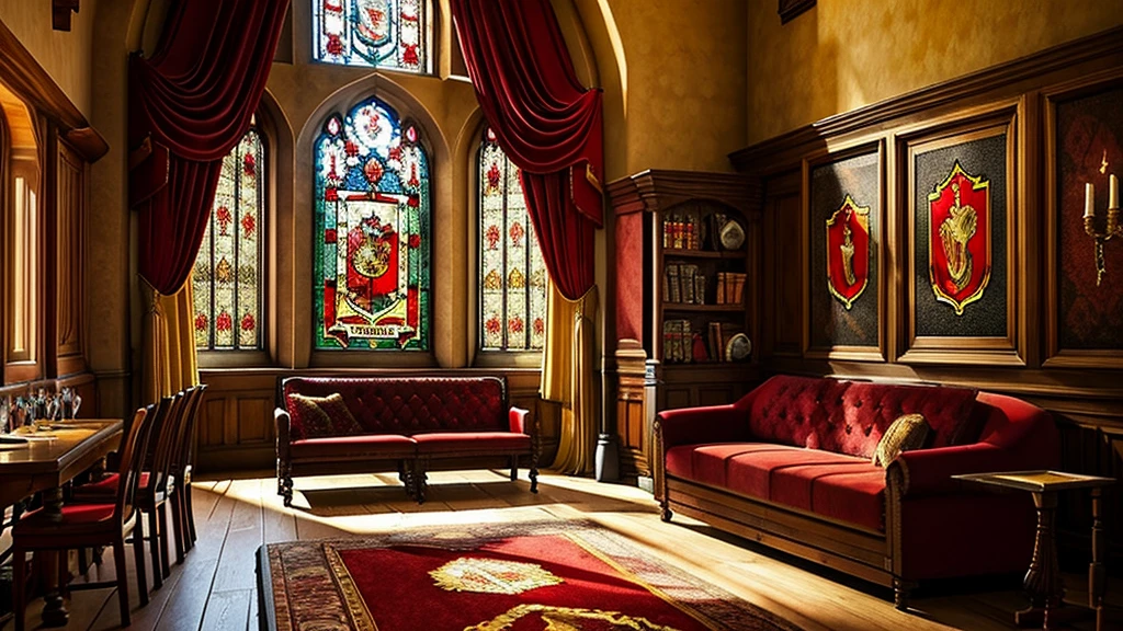 a cozy gryffindor common room, ornate arched windows, red curtains, red velvet rug, portrait paintings on walls, grand fireplace, table with chair, bookshelf, intricate details, warm lighting, cozy atmosphere, hogwarts, magic,beautiful stained glass,medieval, fantasy, interior design, photorealistic, high resolution, masterpiece, ultra-detailed