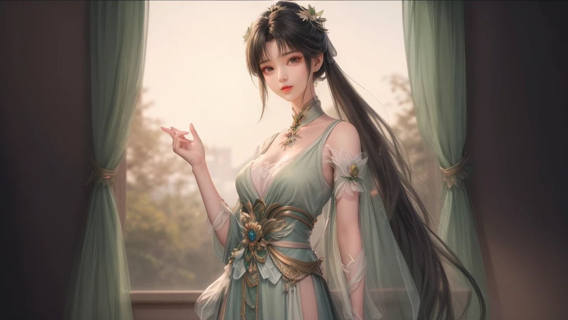 （masterpiece，Very detailed，High-resolution details，Highly detailed art）1 girl，Half Body，Xianxia，monochrome，Green Dress，Lotus Leaf，elegant，Highly detailed character designs from East Asia，Game character costume design，simple，Ultra-high resolution, Clear focus, Epic Works, masterpiece, (Very detailed的 CG 统一 8k 壁纸)，Pretty Face，beautiful eyes，High-resolution details