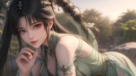 （masterpiece，very detailed，high-resolution details，highly detailed art）1 girl，half body，xianxia，monochrome，green dress，lotus lea...