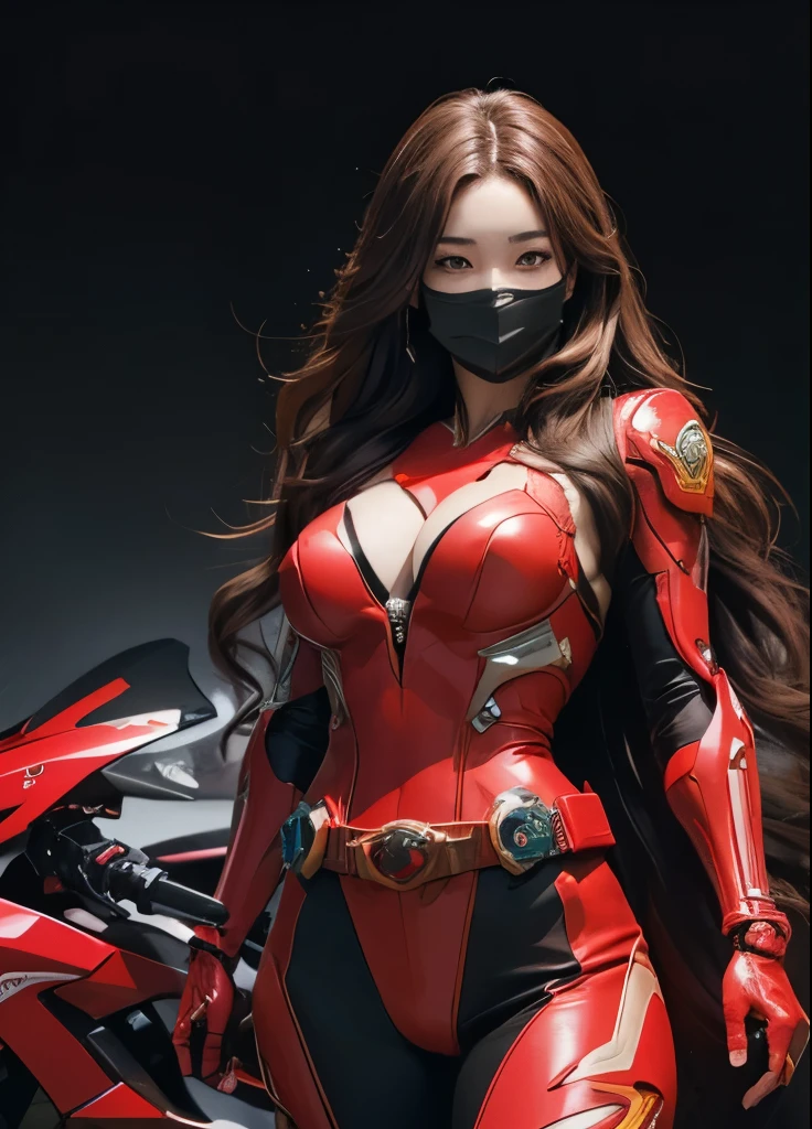 Korean beautiful girl, Brown hair, Long hair, red lips, visible cleavage, Textured skin, Super Detail, high details, High quality, Best Quality, hight resolution, 1080p, hard disk, Gorgeous beauty,(Kamen Rider),(mask off),(Female Riders), red body suit, red battle suits, Transformati on Belt,Battle Mode,Metal, red Transform into Kamen Rider, cyborgs, full body angle from the bottom.