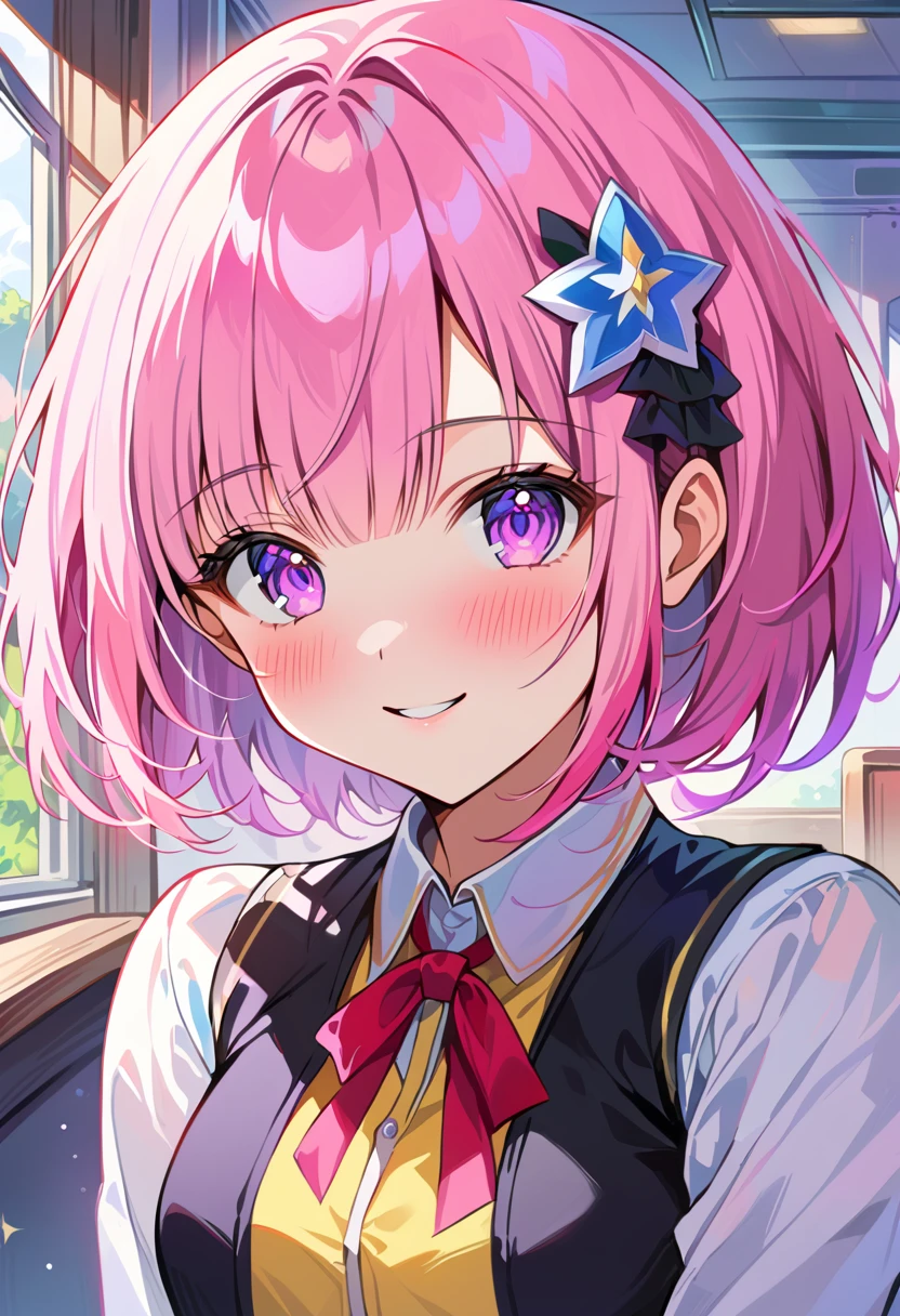 (Highest quality:1.1), (masterpiece:1.4), (Absurd:1.0), Portraiture, close,
One girl, Momo Belia Deviluke, hair ornaments, Bobcut, Short Hair Pink Hair, Purple eyes, Medium chest, yellow , View your viewers, classroom, (blush:1.2), smile,