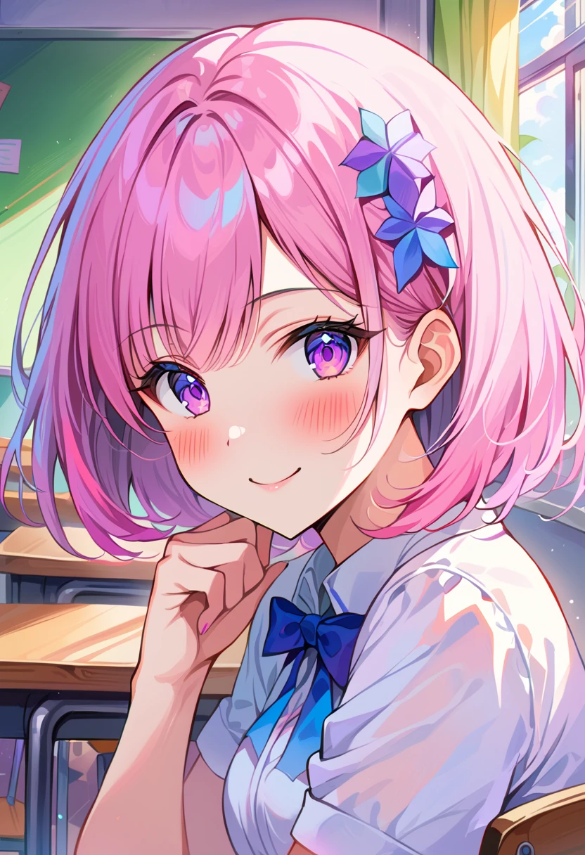 (Highest quality:1.1), (masterpiece:1.4), (Absurd:1.0), Portraiture, close,
One girl, Momo Belia Deviluke, hair ornaments, Bobcut, Short Hair Pink Hair, Purple eyes, Medium chest, yellow , View your viewers, classroom, (blush:1.2), smile,