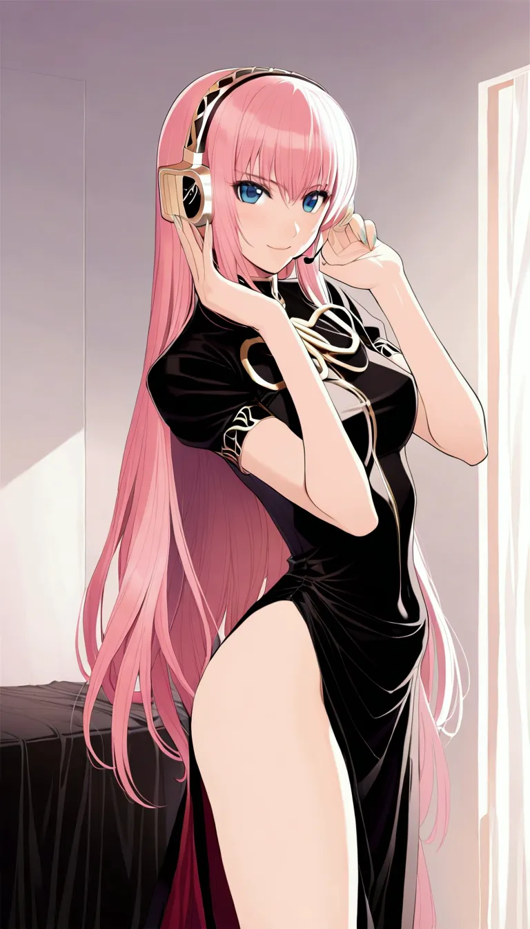 masterpiece,detailed and beautiful depiction 1.1,official art,beautiful adult woman ,megurine luka,megurine lukaの公式衣装,headphone,...