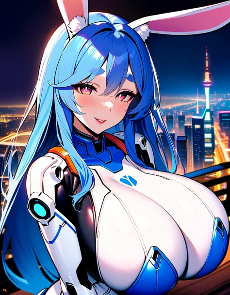 masterpiece, high quality, very detailed, one girl, mature woman, alone, bunny girl, pekomama, (huge breasts:1.5), ((((blue hair...