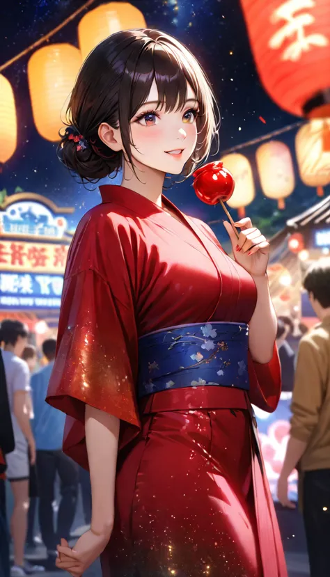 summer festival,night, starry sky,yukata, eat a candy apple,gazing at the sky,blur the background,high school girl,smile,glitter...