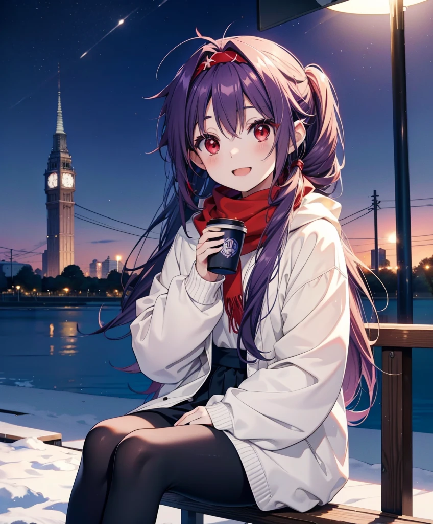 yuukikonno, Konno Yuuki, Long Hair, Pointed Ears, Purple Hair, (Red eyes:1.5), (Small breasts:1.2), Open your mouth,happy smile, smile, Open your mouth,hair band,low twin tail,Red Scarf,Oversized purple hoodie,Long skirt,Black pantyhose,short boots,Holding a paper cup of coffee in both hands,Sitting on a bench,snowが降っている,snowが降り積もっている,snow,snow,snow,snow,snowが積もった木,winter,Cold Sky,night,whole bodyがイラストに入るように,
break looking at viewer,  whole body,
break outdoors, garden,
break (masterpiece:1.2), Highest quality, High resolution, unity 8k wallpaper, (figure:0.8), (Beautiful attention to detail:1.6), Highly detailed face, Perfect lighting, Highly detailed CG, (Perfect hands, Perfect Anatomy),