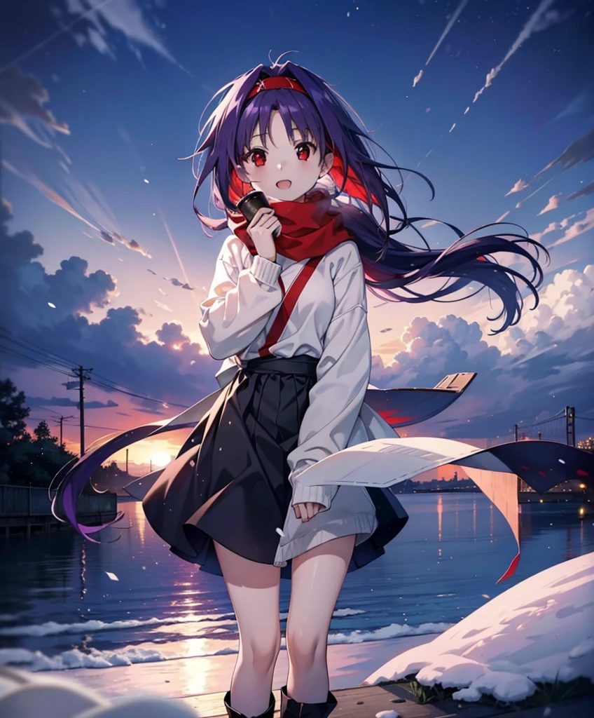 yuukikonno, Konno Yuuki, Long Hair, Pointed Ears, Purple Hair, (Red eyes:1.5), (Small breasts:1.2), Open your mouth,happy smile, smile, Open your mouth,hair band,low twin tail,Red Scarf,Oversized purple hoodie,Long skirt,Black pantyhose,short boots,Holding a paper cup of coffee in both hands,Walking,snowが降っている,snowが降り積もっている,snow,snow,snow,snow,snowが積もった木,winter,Cold Sky,night,whole bodyがイラストに入るように,
break looking at viewer,  whole body,
break outdoors, garden,
break (masterpiece:1.2), Highest quality, High resolution, unity 8k wallpaper, (figure:0.8), (Beautiful attention to detail:1.6), Highly detailed face, Perfect lighting, Highly detailed CG, (Perfect hands, Perfect Anatomy),