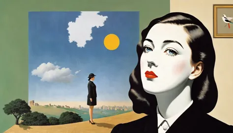 rene magritte，multi-layer collage，有一张女人脸的拼贴paintingpainting，there are many different things on the face，geometric dislocation，拼贴...