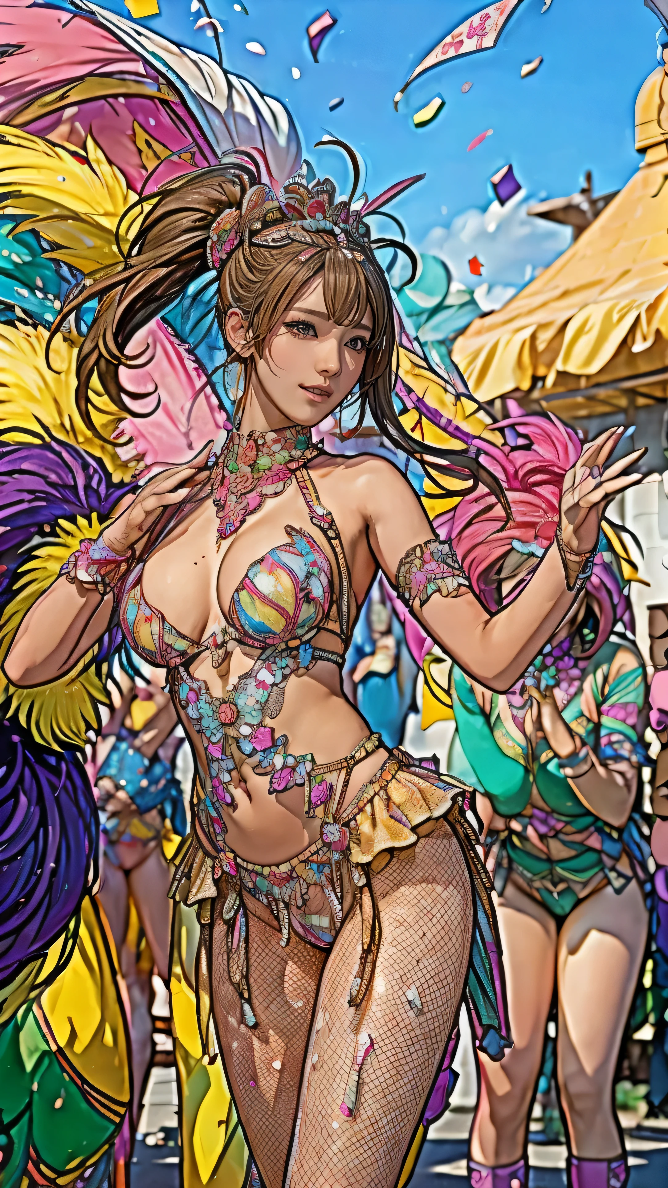 Highest quality, Official Art, masterpiece, Fabric Shading, High resolution, Very detailed, colorful, Best details, Fantasy, random colorのハイレグサンバマイクロコスチューム:1.5, Yuki Mori:1.5, 1 female, Age 25, Brown Hair, short hair:1.7, Twin tails,Wind-blown bangs, Puffy nipples, {{{{{Dancing vigorously in the parade:1.9}}}}}, A castle town with an old castle view, sunny, Large Breasts, skinny, Surrounded by a bunch of male photographers:1.9, She is being photographed by many male photographers.:1.7,Confetti falling, Blessed, welcome:1.5, Camel Toe:1.7, Ground level shot,