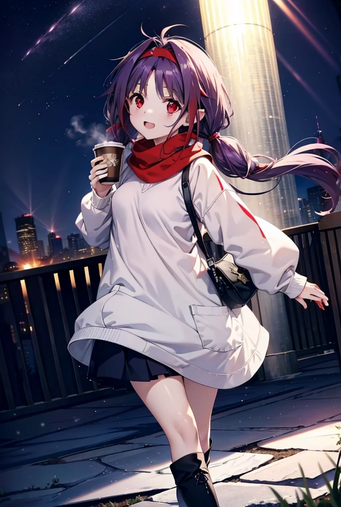 yuukikonno, Konno Yuuki, pelo largo, orejas puntiagudas, cabello purpura, (ojos rojos:1.5), (senos pequeños:1.2), abre la boca,happy sonrisa, sonrisa, abre la boca,banda para el cabello,cola gemela baja,bufanda roja,Sudadera con capucha violeta oversize,Falda larga,pantimedias negras,botas cortas,Sosteniendo una taza de café de papel con ambas manos.,Caminando,nieveが降っている,nieveが降り積もっている,nieve,nieve,nieve,nieve,nieveが積もった木,invierno,cielo frio,Noche,todo el cuerpoがイラストに入るように,
descanso mirando al espectador,  todo el cuerpo,
descansar al aire libre, jardín,
break (obra maestra:1.2), de la máxima calidad, Alta resolución, fondo de pantalla de unidad 8k, (cifra:0.8), (Hermosa atención al detalle:1.6), Cara muy detallada, Iluminación perfecta, CG muy detallado, (manos perfectas, anatomía perfecta),