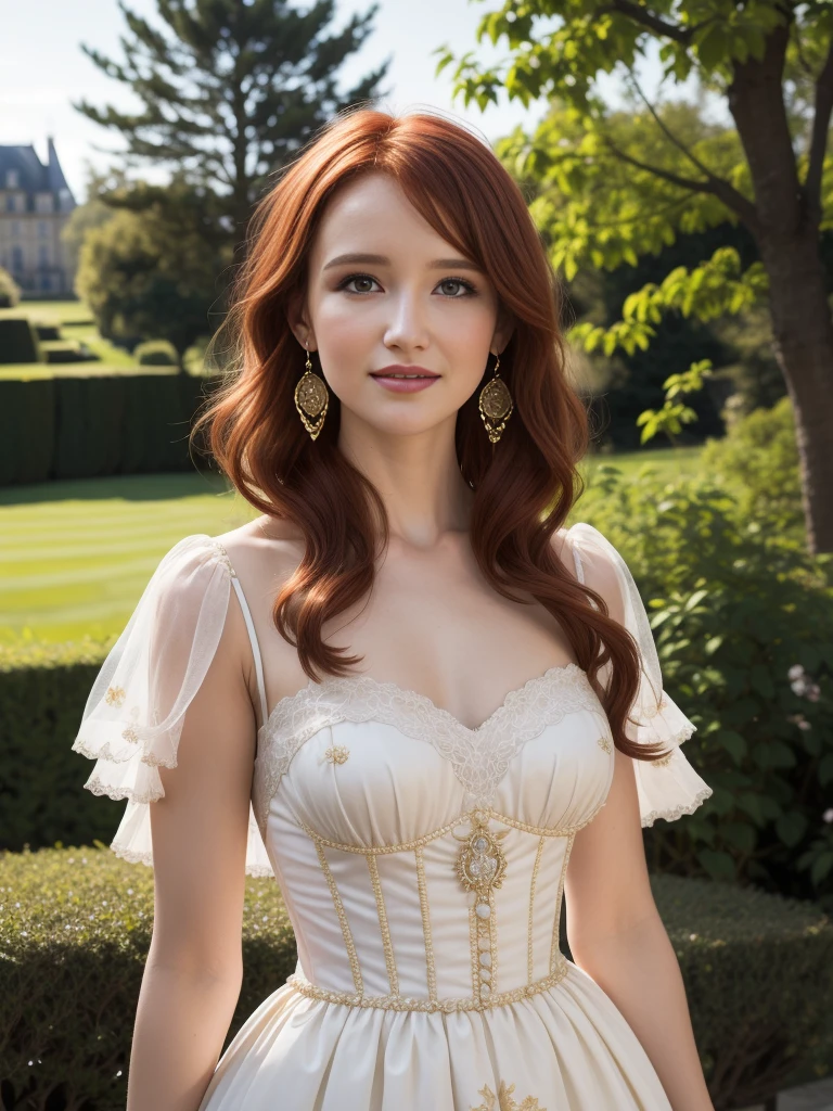  lively party with women, Woman around 1760, lady 17th century, french style, with whole body and an anatomically correct body, absolutely perfect face, a 16-year-old. wunderschöne Red-Hairede junge Frau , beautiful detaileld face, perfect face, perfect full body, perfect anatomy, Red-Haired (Christa Theret: 1.3), ( Alexia Fast: 1.3),,Highly detailed youthful face, proporções perfeitas, ((red hair)),, very detailed, 16K, HDR, broad light, high contrast, keen focus, RAW color photo, typical earrings, full body view, wide angle view, masterpiece, subtle smile, elegant dress, chateau garden outside, traditional magnificent dress from the 17th.century, Traditional hairstyle, garden party, many women