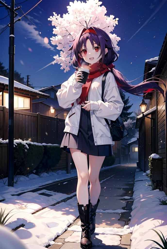 yuukikonno, Konno Yuuki, Long Hair, Pointed Ears, Purple Hair, (Red eyes:1.5), (Small breasts:1.2), Open your mouth,happy smile, smile, Open your mouth,hair band,low twin tail,Red Scarf,Oversized purple hoodie,Long skirt,short boots,Holding a paper cup of coffee in both hands,Walking,snowが降っている,snowが降り積もっている,snow,snow,snow,snow,snowが積もった木,winter,Cold Sky,night,whole bodyがイラストに入るように,
break looking at viewer,  whole body,
break outdoors, garden,
break (masterpiece:1.2), Highest quality, High resolution, unity 8k wallpaper, (figure:0.8), (Beautiful attention to detail:1.6), Highly detailed face, Perfect lighting, Highly detailed CG, (Perfect hands, Perfect Anatomy),