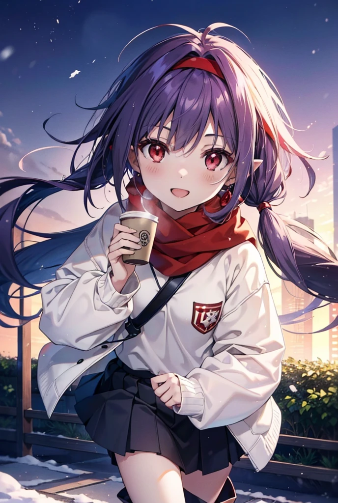 yuukikonno, Konno Yuuki, Long Hair, Pointed Ears, Purple Hair, (Red eyes:1.5), (Small breasts:1.2), Open your mouth,happy smile, smile, Open your mouth,hair band,low twin tail,Red Scarf,Oversized purple hoodie,Long skirt,short boots,Holding a paper cup of coffee in both hands,Walking,snowが降っている,snowが降り積もっている,snow,snow,snow,snow,snowが積もった木,winter,Cold Sky,night,whole bodyがイラストに入るように,
break looking at viewer,  whole body,
break outdoors, garden,
break (masterpiece:1.2), Highest quality, High resolution, unity 8k wallpaper, (figure:0.8), (Beautiful attention to detail:1.6), Highly detailed face, Perfect lighting, Highly detailed CG, (Perfect hands, Perfect Anatomy),