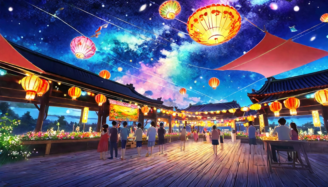 Summer Festival,night, Starry Sky,Glitter effect,Highest quality, 8k, High resolution, masterpiece:1.2, Very detailed, Realistic:1.37, High resolution, 超High resolution, Ultra-fine painting, Very detailed, Professional, Vibrant colors