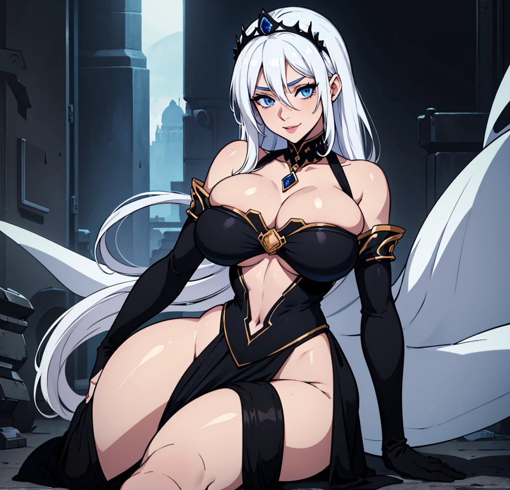 solo, (masterpiece), (beautify), (alone), (young adult), ((white hair)), medium hair, tiara, (blue eyes), smile, black clothes, bare midriff, bare stomach, black dress, cleft of venus, (huge breasts), underboob, detached sleeves, blue aura