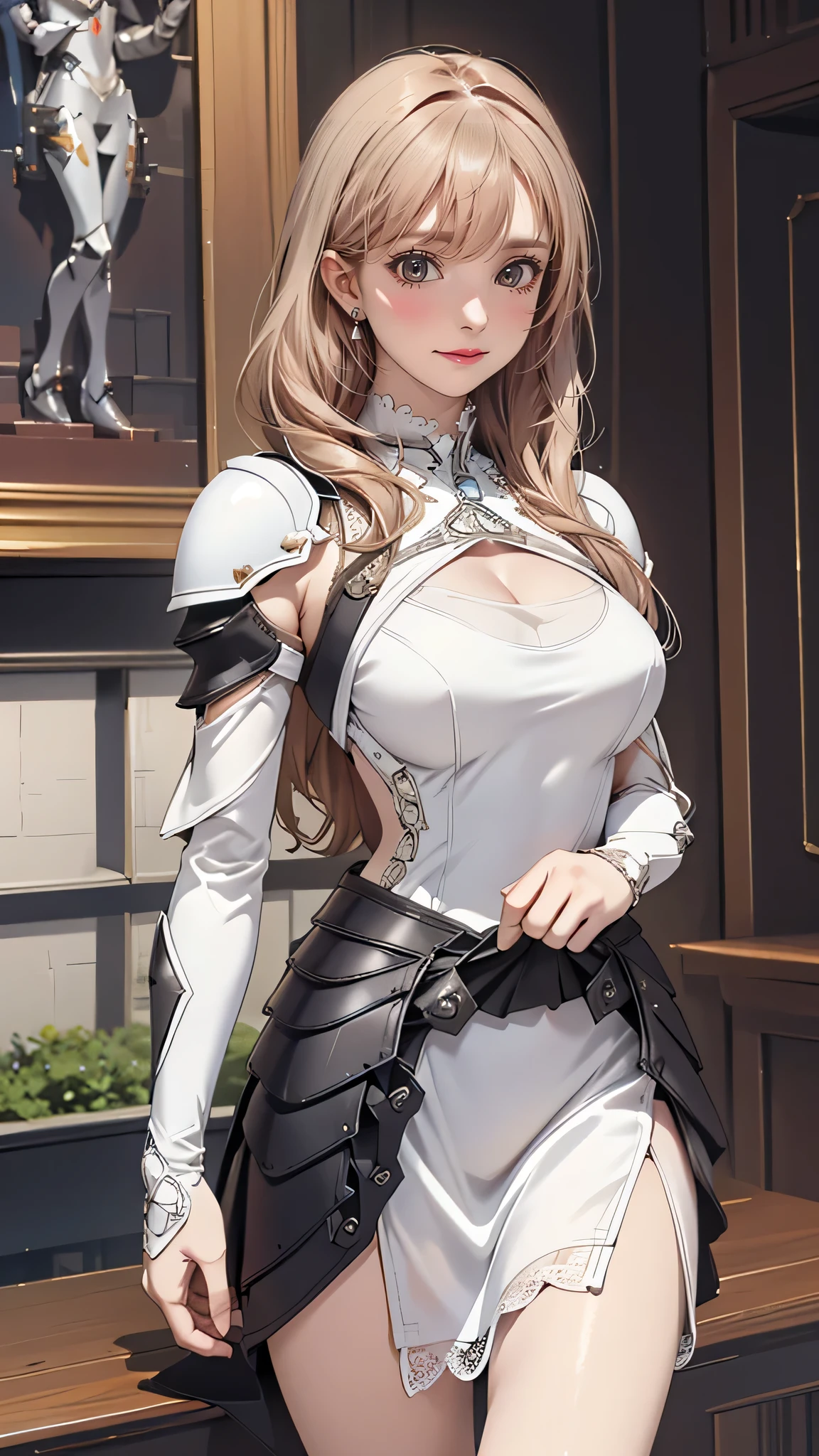 (dynamic fighting pose),(leather boots,(asymmetrical mecha armor),(long embroidered white lace dress,see through,lift up the hem of the dress)),(random hairstyle),(Thin type:1.8),(large breasts),(Highest image quality,(8K), Ultra-realistic, Best Quality, High quality, High Definition, high quality texture, high detailing, Beautiful detailed, fine detailed, extremely details CG, Detailed texture, realistic representation of face, masterpiece, presence)