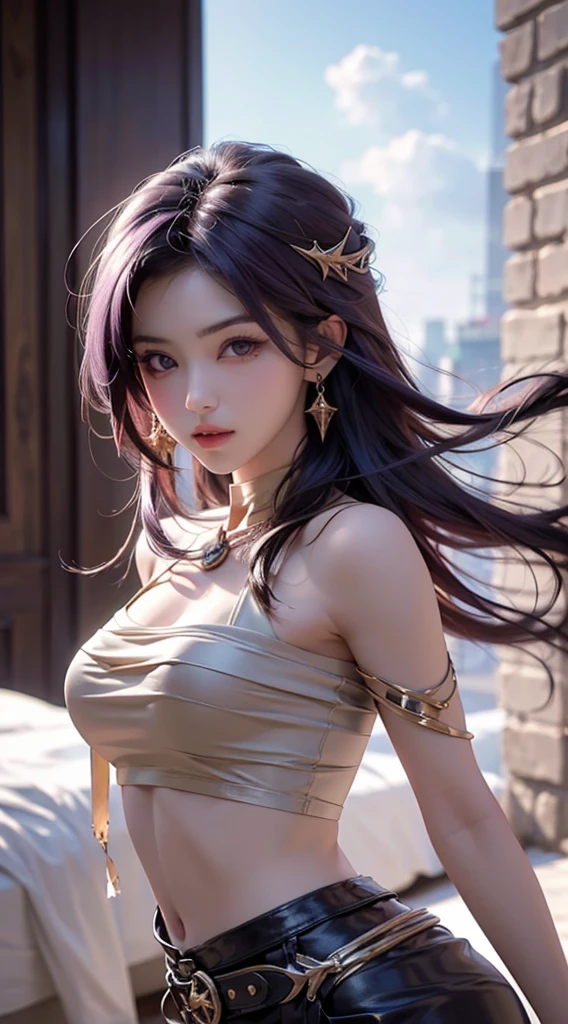 ((Realistic light, Best Quality, 8k, Masterpiece :1.3)), taking selfies, 1girl, beautiful woman with perfect figure :1.4, abs :1.1, (purple hair,), Arabian dress :1.4,belts :1.2, translucent bed inserts, ultra-detailed face, A detailed eye, double eyelid, ( MIYAMA-ZERO)Perfect Hands Perfect Fingers Perfect Breasts Perfect Hair Perfect Face Perfect Body, Dynamic angle M