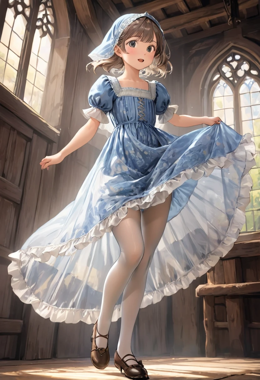  ropa interior de niña, Bloomers realistas hechos de tela de algodón estampada., Vestido medieval de una pieza con alforjas., Fabric Realism, Ángulo bajo, veo bombachos, Levanta el vestido con la mano., Vientos fuertes, deslizamiento translúcido, deslizamiento translúcido, medias, de la máxima calidad, Primer plano de la entrepierna, todo el cuerpo
