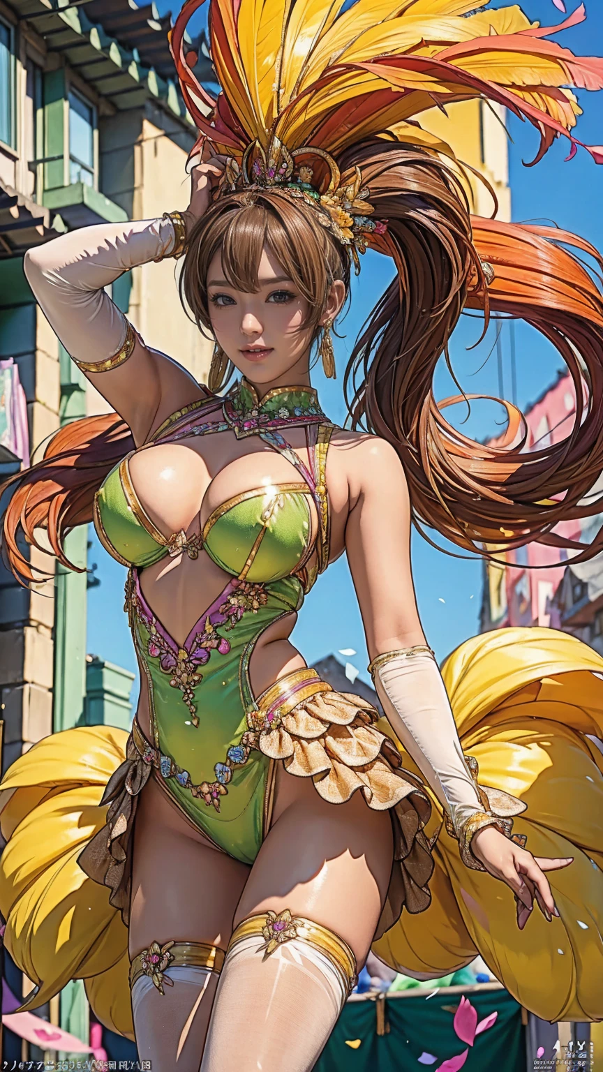 Highest quality, Official Art, masterpiece, Fabric Shading, High resolution, Very detailed, colorful, Best details, Fantasy, High leg samba micro costume:1.5, Yuki Mori:1.5, 1 female, Age 25, Brown Hair, short hair, Twin tails,Naturally flowing bangs, Puffy nipples, {{{{{Dancing vigorously in the parade:1.9}}}}}, A castle town with an old castle view, sunny, Large Breasts, skinny, Surrounded by a bunch of male photographers:1.9, Confetti falling, Blessed, welcome:1.5, Camel Toe:1.7, Ground level shot,